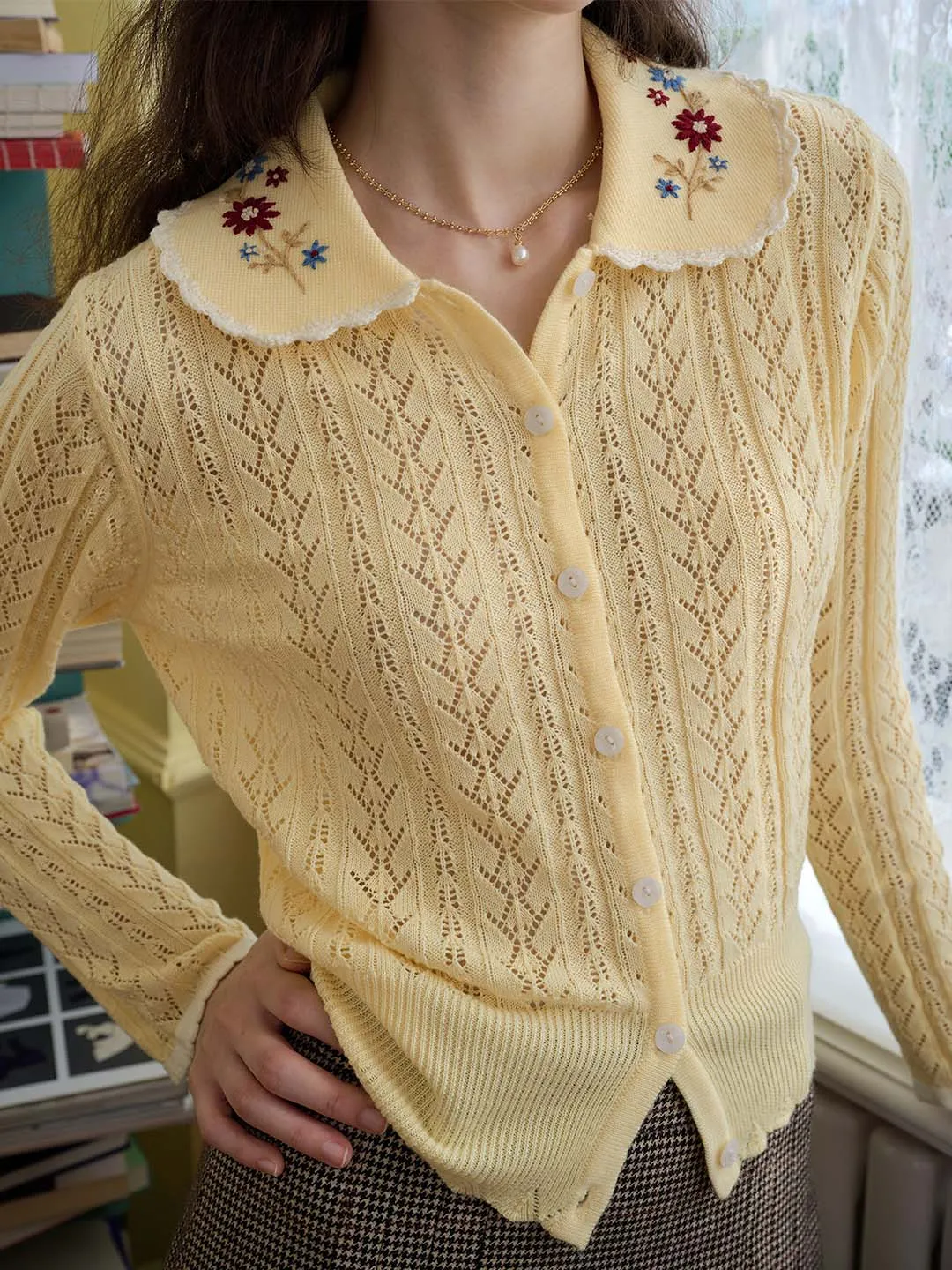 【Final Sale】Shay Peter Pan Collar Embroidered Contrast Cutout Cardigan sold by Simple Retro product image thumbnail 3