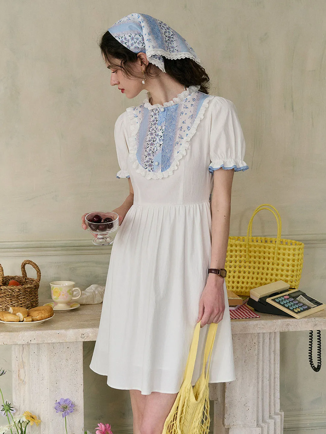 【Final Sale】Katie Lace Round Neck Striped Floral Contrast Puff Sleeve Patchwork Cotton Dress sold by Simple Retro