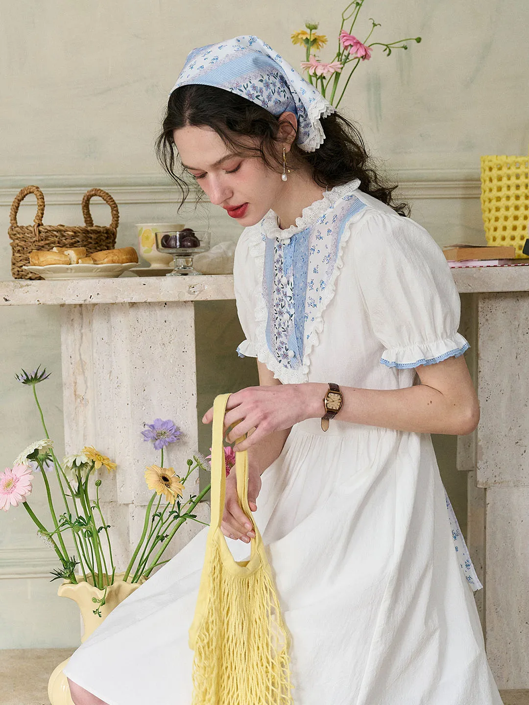 【Final Sale】Katie Lace Round Neck Striped Floral Contrast Puff Sleeve Patchwork Cotton Dress sold by Simple Retro product image thumbnail 5