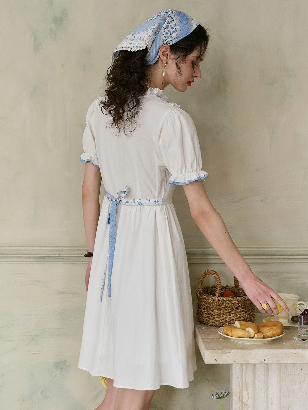 【Final Sale】Katie Lace Round Neck Striped Floral Contrast Puff Sleeve Patchwork Cotton Dress sold by Simple Retro product image thumbnail 4