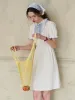 【Final Sale】Katie Lace Round Neck Striped Floral Contrast Puff Sleeve Patchwork Cotton Dress sold by Simple Retro