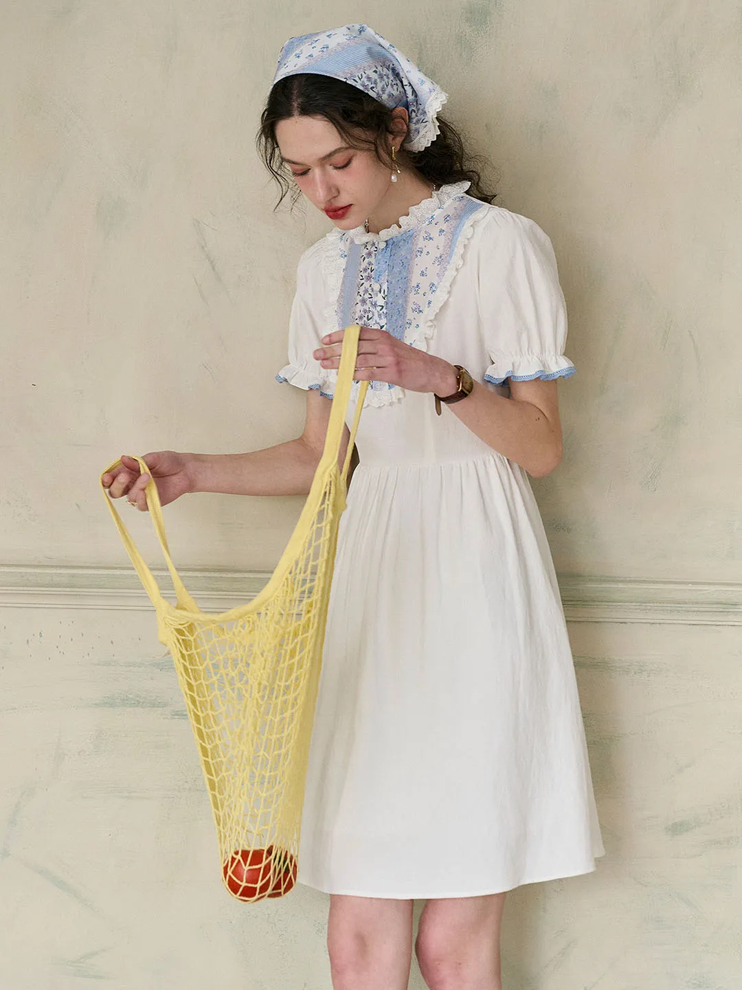 【Final Sale】Katie Lace Round Neck Striped Floral Contrast Puff Sleeve Patchwork Cotton Dress sold by Simple Retro product image thumbnail 3