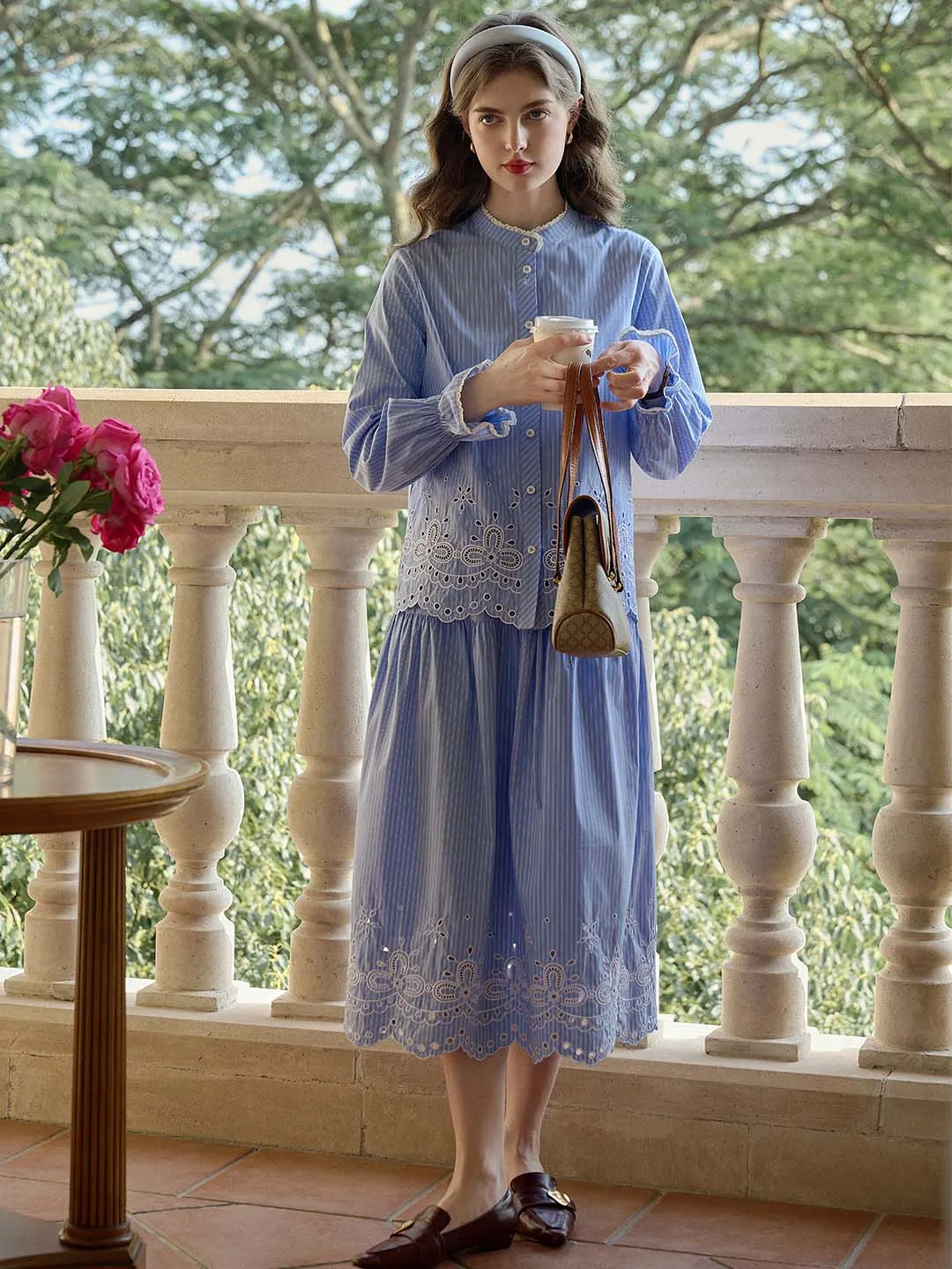 Aubree Striped Cutout Embroidered A-line Skirt sold by Simple Retro product image thumbnail 4