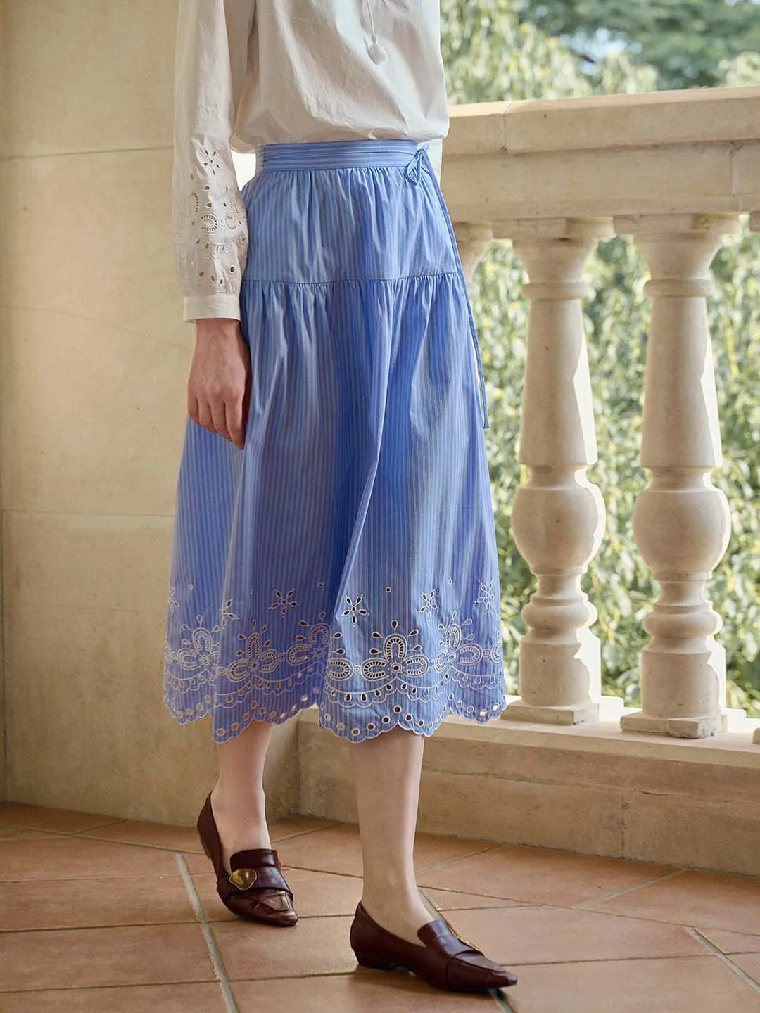 Aubree Striped Cutout Embroidered A-line Skirt sold by Simple Retro product image thumbnail 2