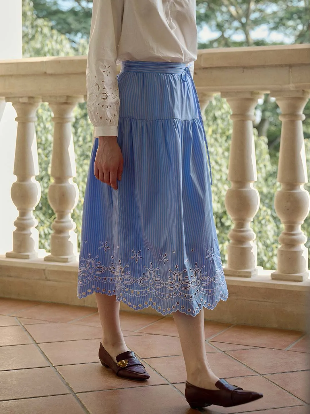 Aubree Striped Cutout Embroidered A-line Skirt sold by Simple Retro product image thumbnail 5