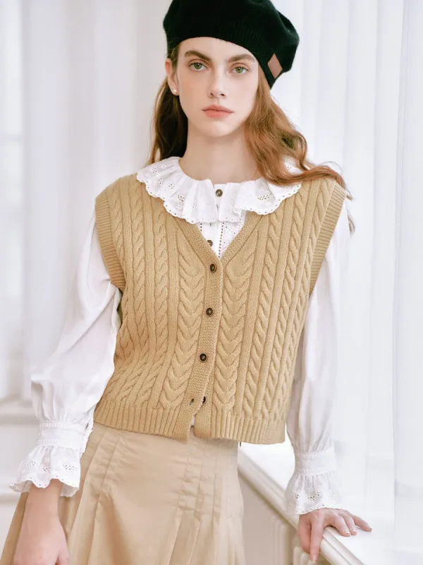Elianna Camel V-neck Vest Cardigan sold by Simple Retro