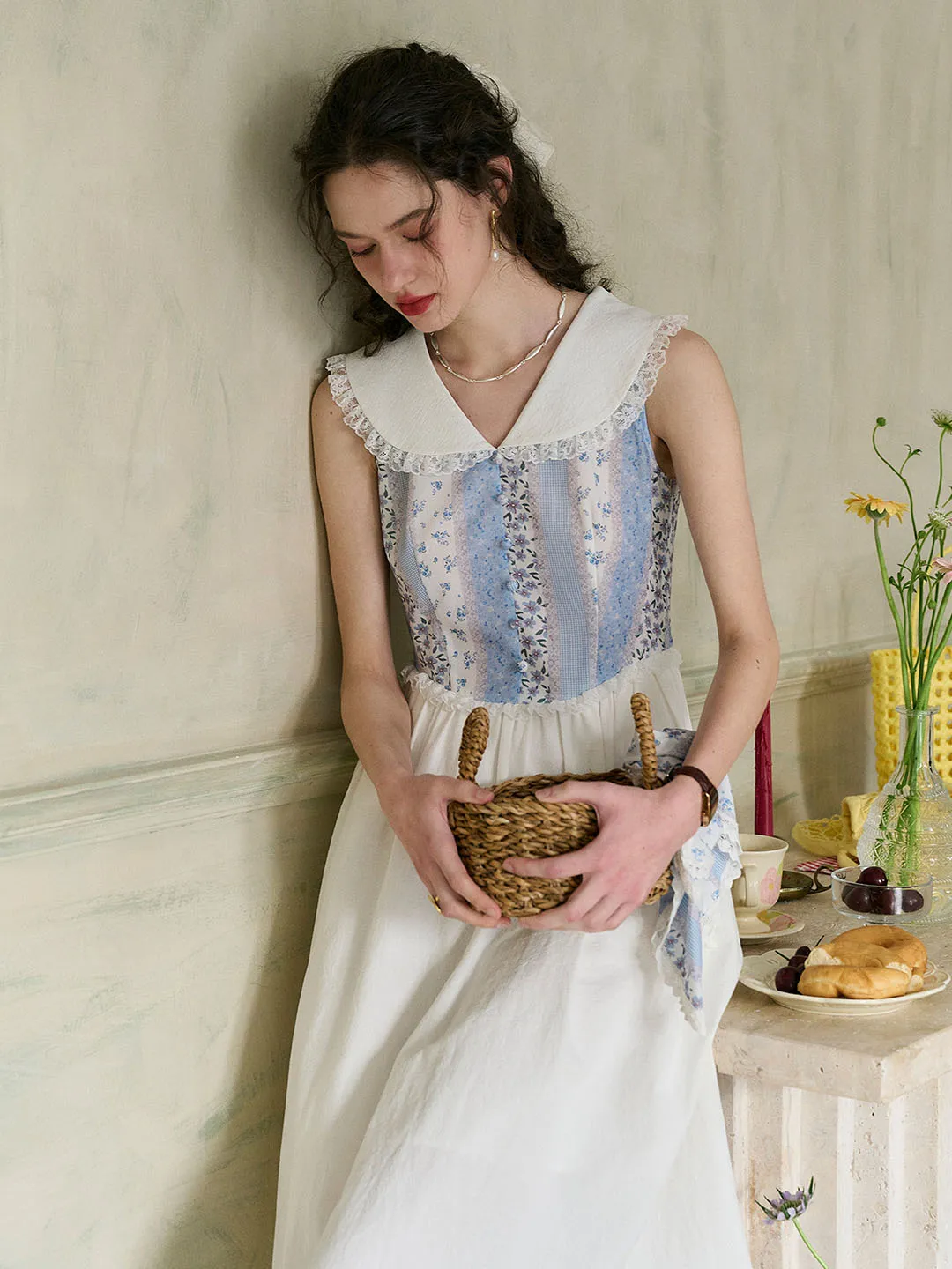 Emelia Lace Lapel Striped Floral Patchwork Contrast Cotton Dress sold by Simple Retro product image thumbnail 3