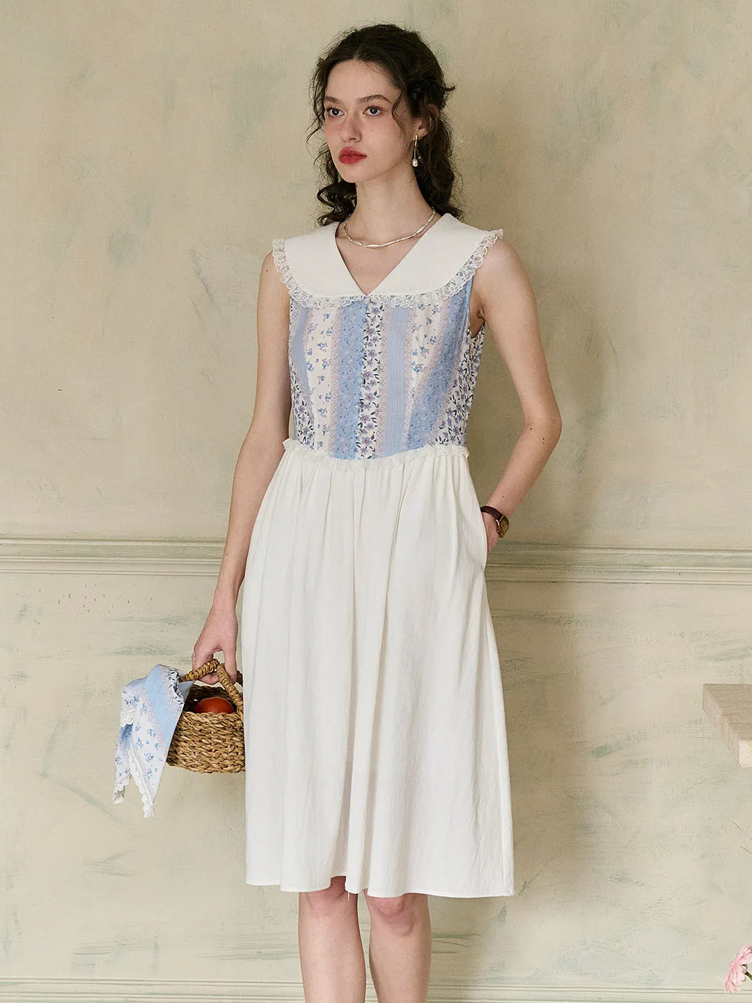 Emelia Lace Lapel Striped Floral Patchwork Contrast Cotton Dress sold by Simple Retro product image thumbnail 5