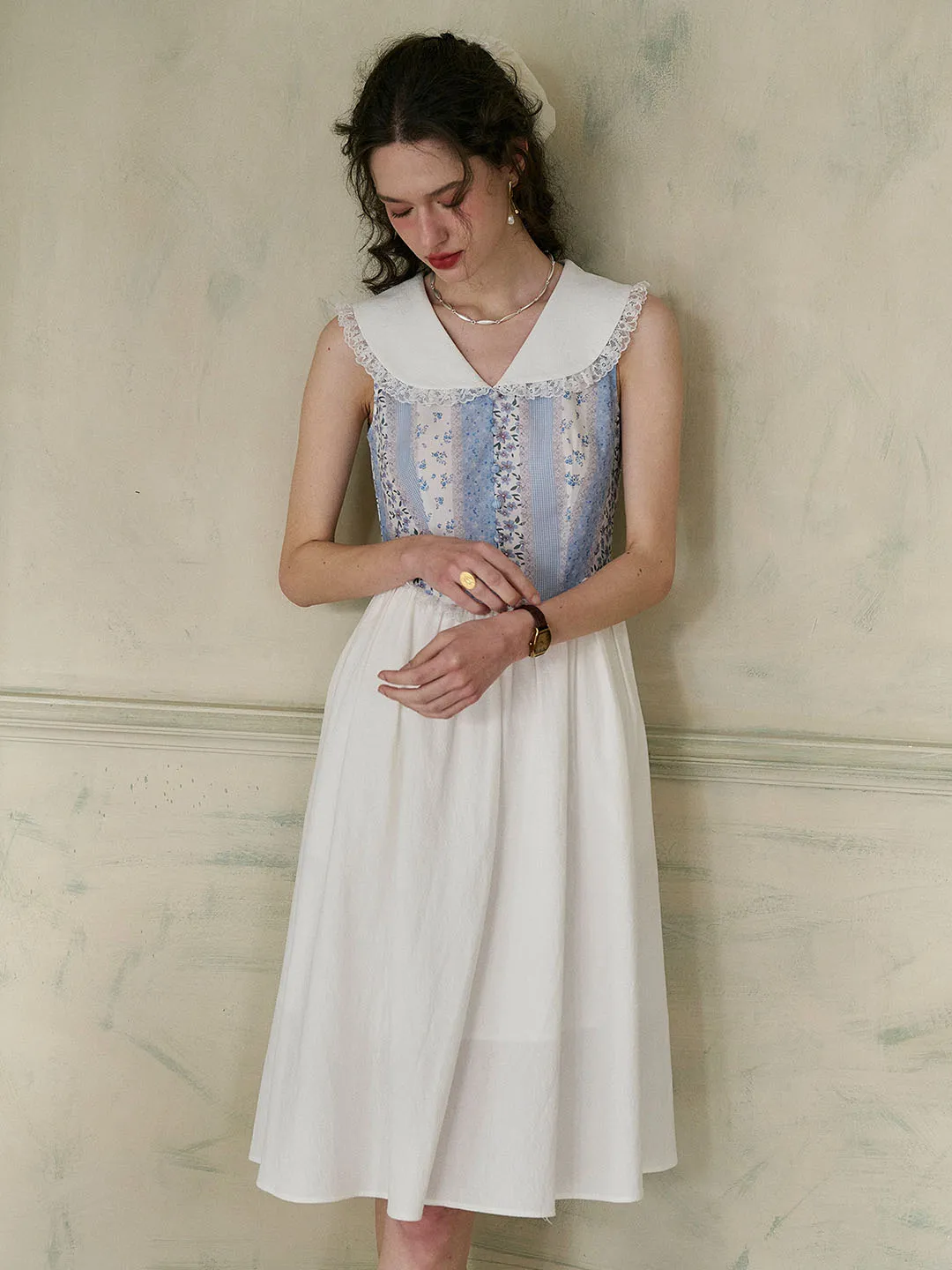 Emelia Lace Lapel Striped Floral Patchwork Contrast Cotton Dress sold by Simple Retro