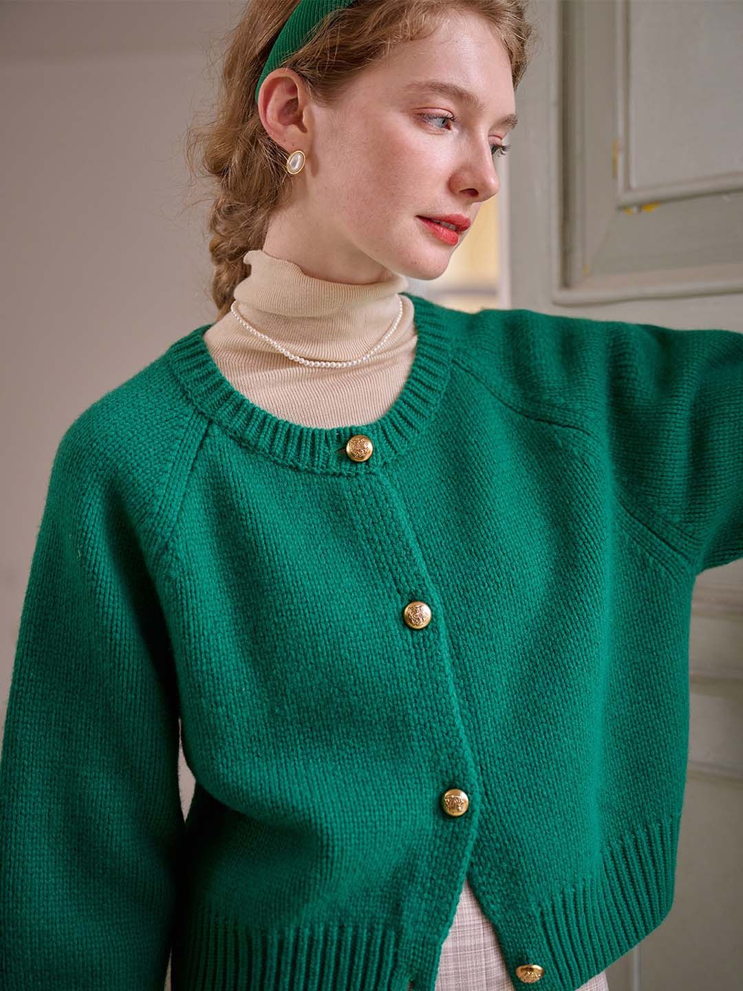 Eliana Retro Crew Neck 100% Wool Sweater Cardigan-Green sold by Simple Retro