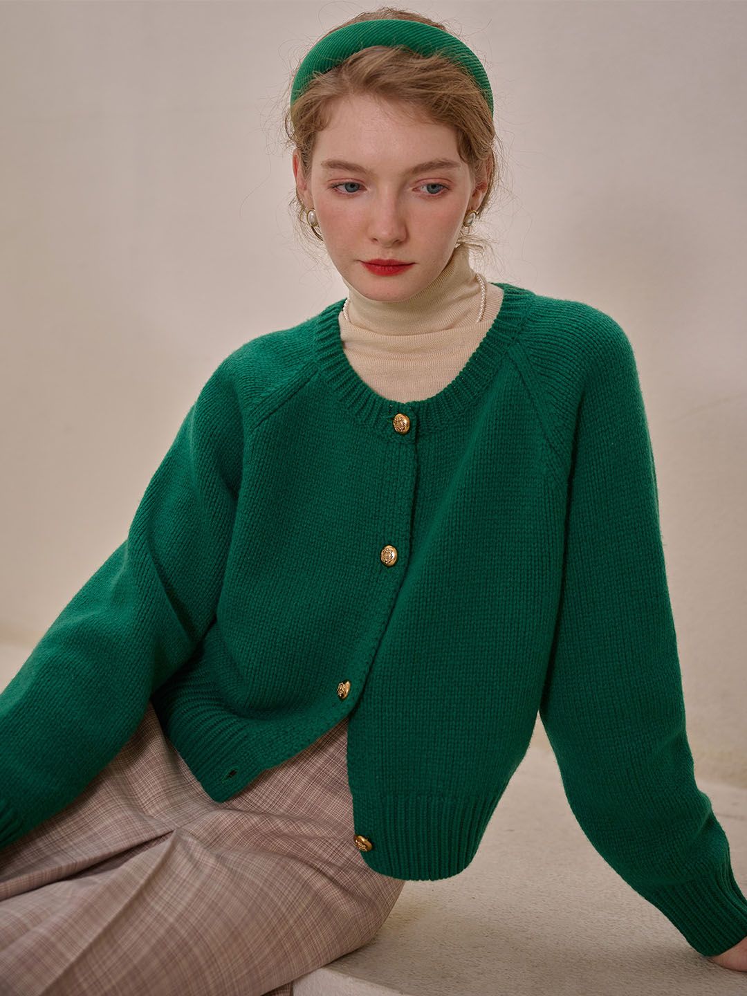 Eliana Retro Crew Neck 100% Wool Sweater Cardigan-Green sold by Simple Retro product image thumbnail 5