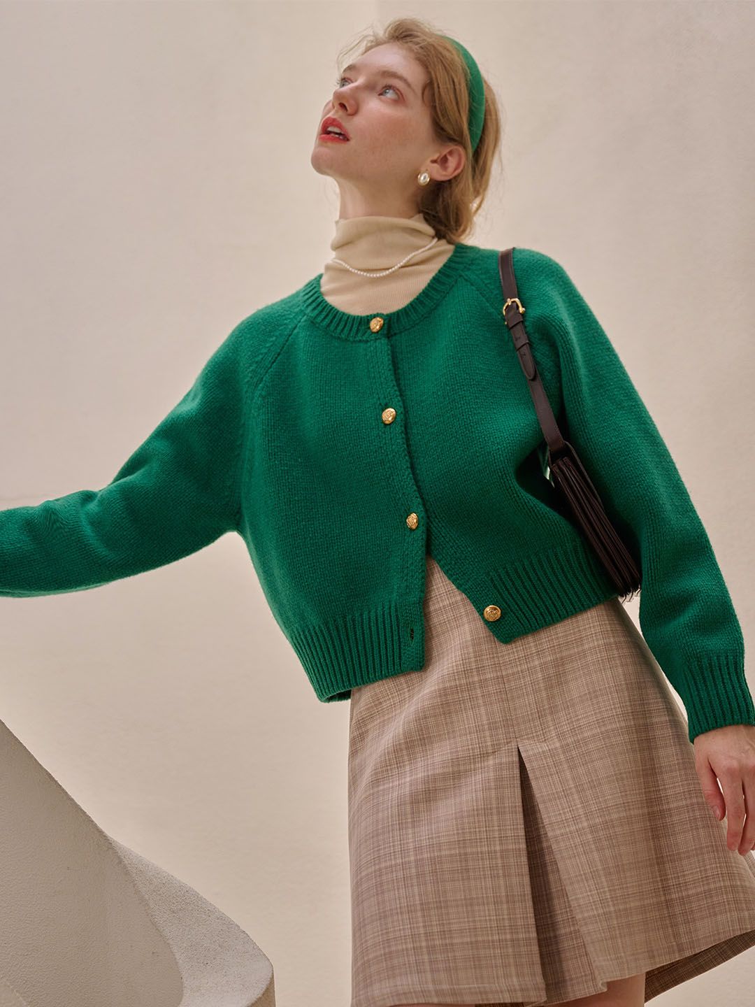 Eliana Retro Crew Neck 100% Wool Sweater Cardigan-Green sold by Simple Retro product image thumbnail 3