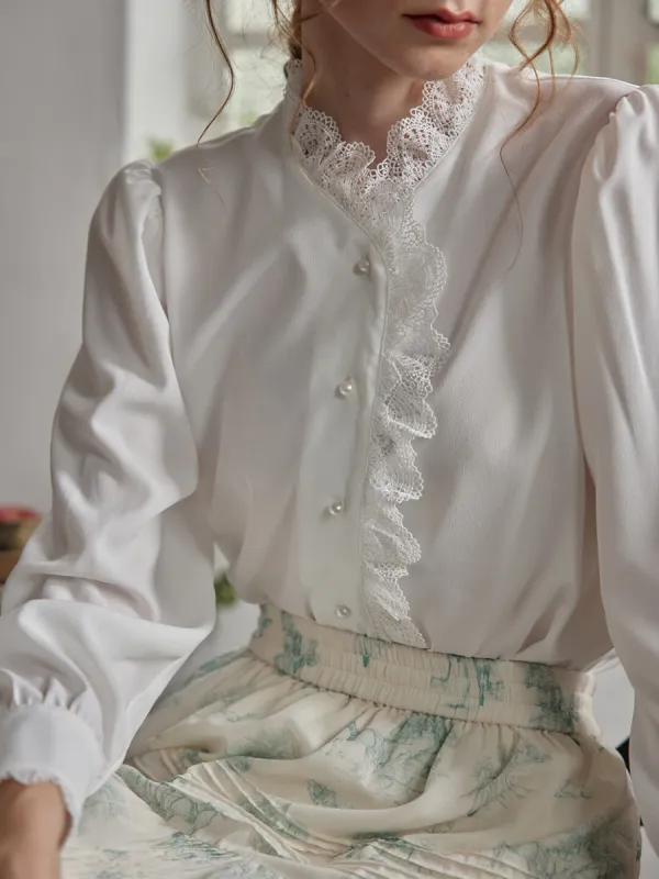 【Final Sale】Hanna Puff Sleeve White Lace Blouse sold by Simple Retro