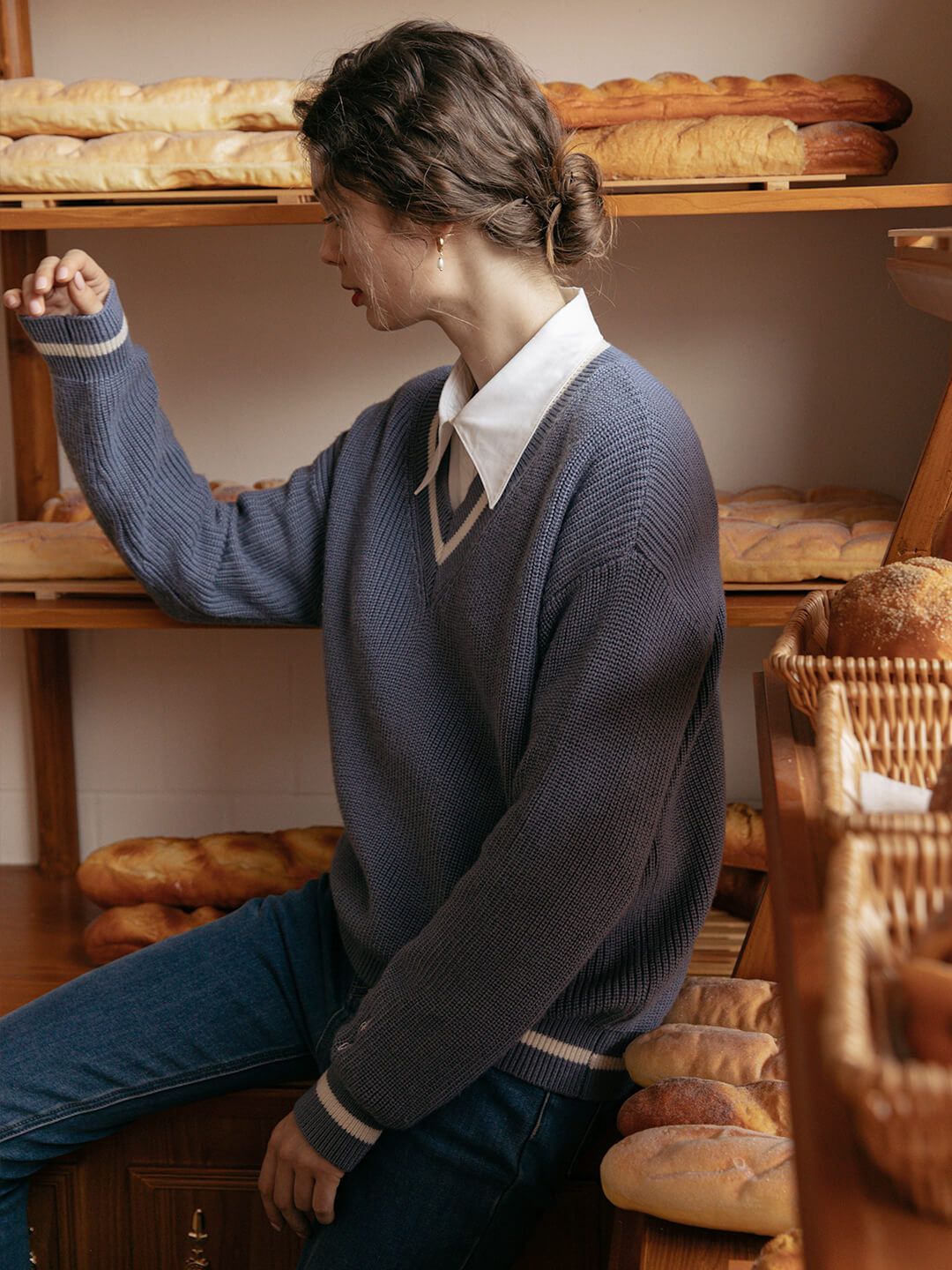 【Final Sale】Emilia V-neck Stripe Blue Knit Sweater sold by Simple Retro product image thumbnail 4