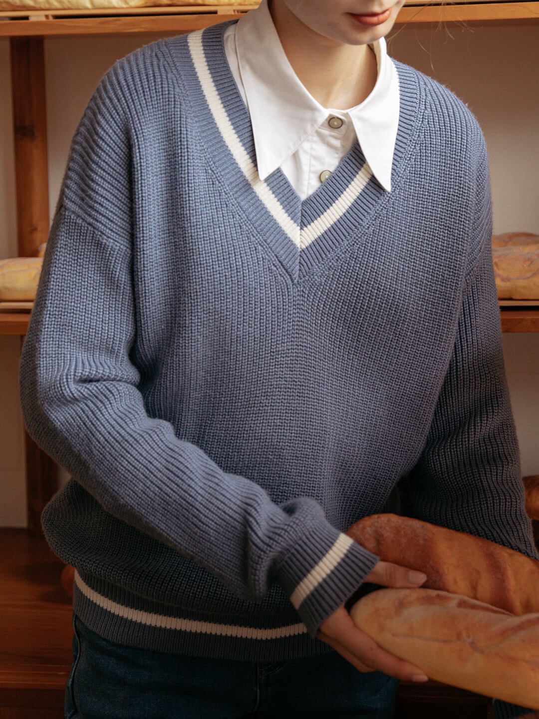 【Final Sale】Emilia V-neck Stripe Blue Knit Sweater sold by Simple Retro product image thumbnail 5