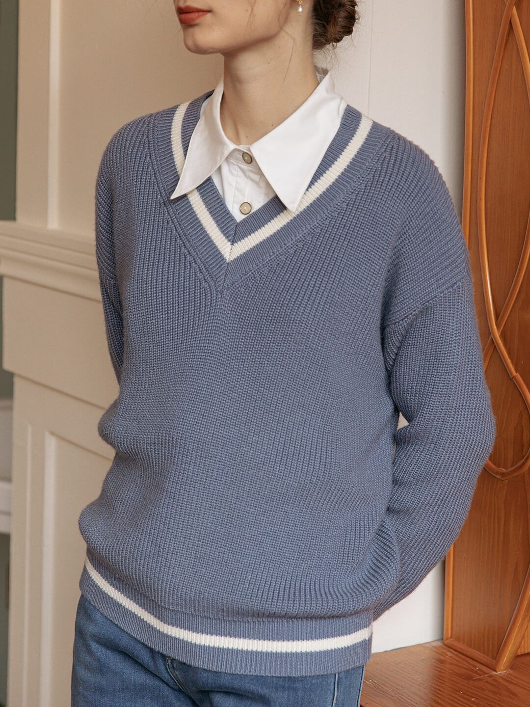 【Final Sale】Emilia V-neck Stripe Blue Knit Sweater sold by Simple Retro