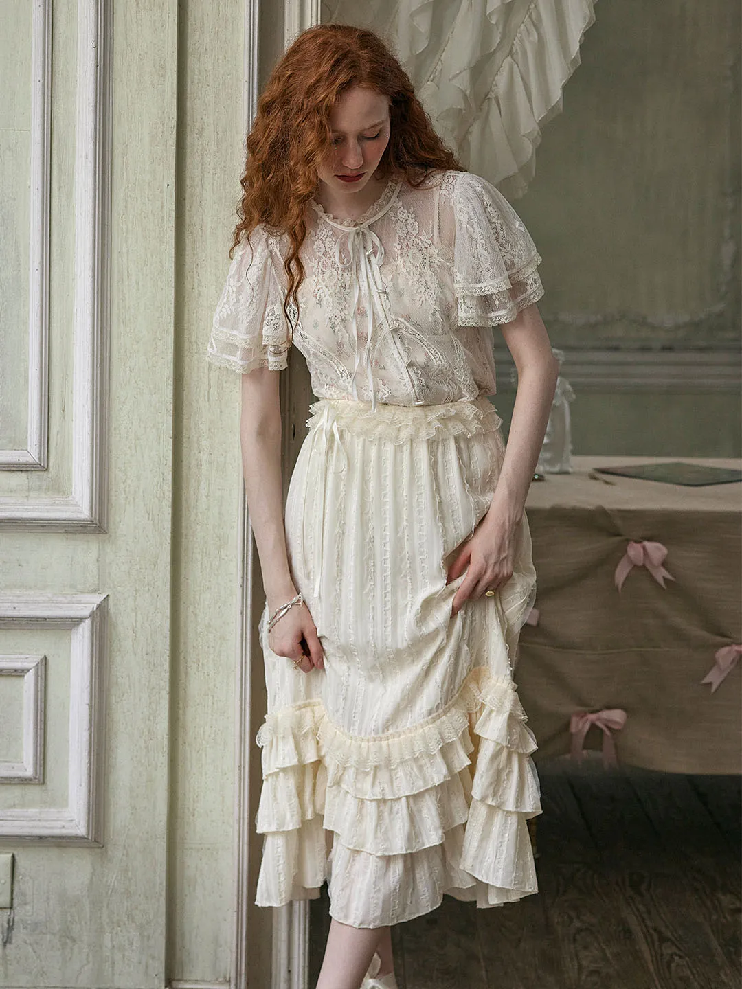 Colette Romantic Sweet Lace Spliced Multi-layer Ruffled Hem Skirt sold by Simple Retro