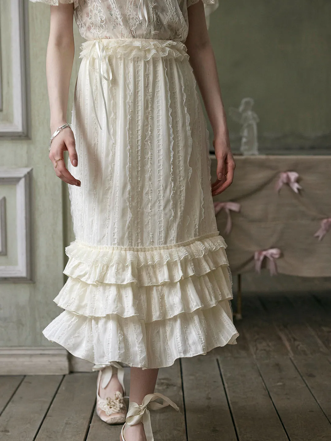 Colette Romantic Sweet Lace Spliced Multi-layer Ruffled Hem Skirt sold by Simple Retro product image thumbnail 3