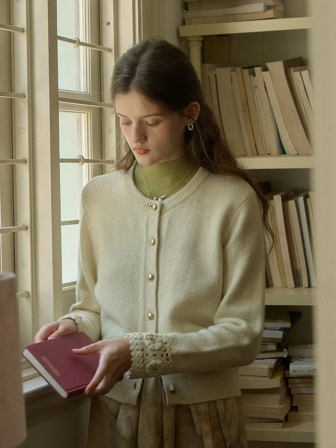 Emberly Classic Crew Neck Cuffs With Hollow-Out Crochet Flower Design Knitted Cardigan sold by Simple Retro product image thumbnail 2