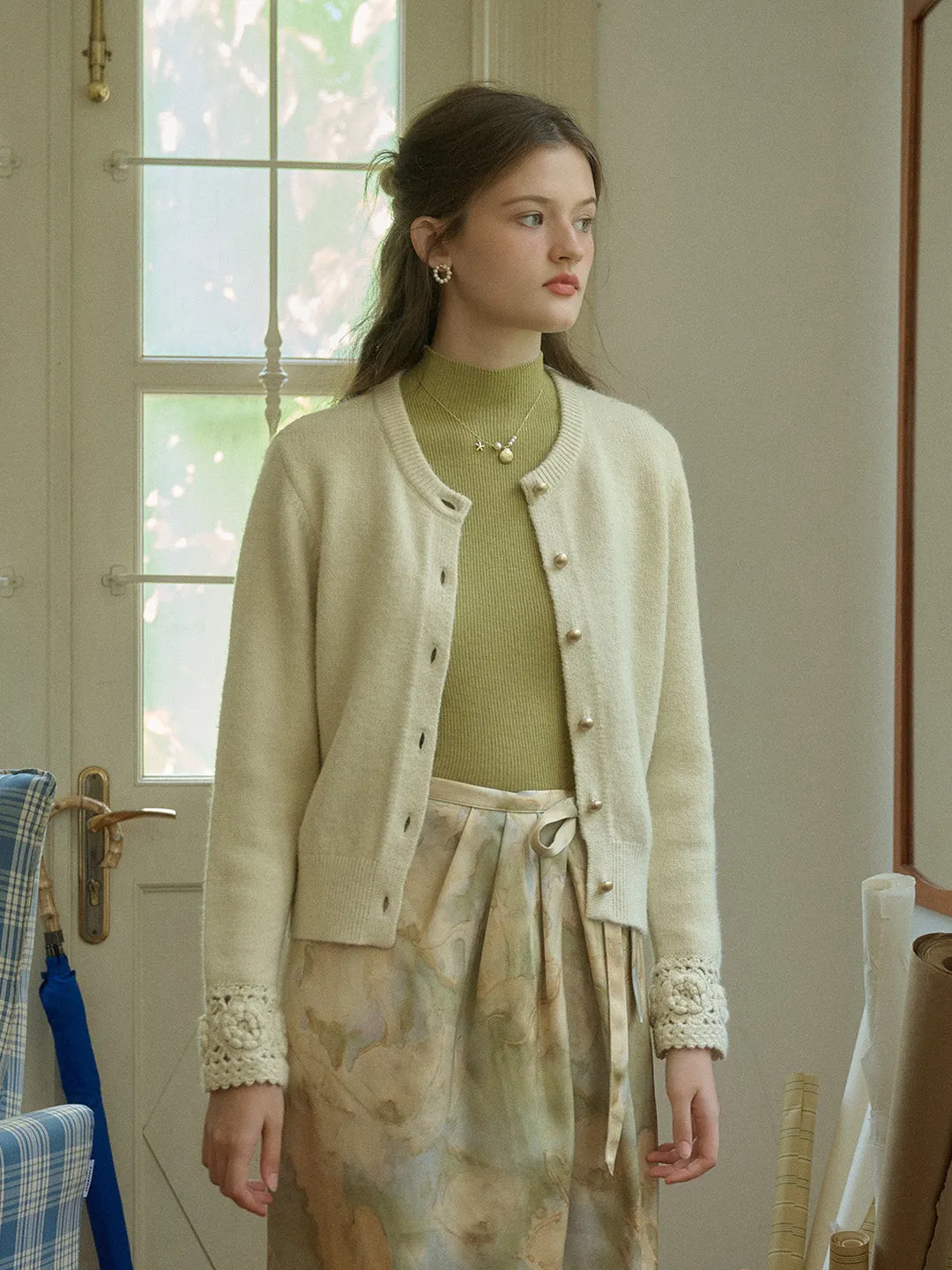 Emberly Classic Crew Neck Cuffs With Hollow-Out Crochet Flower Design Knitted Cardigan sold by Simple Retro product image thumbnail 4