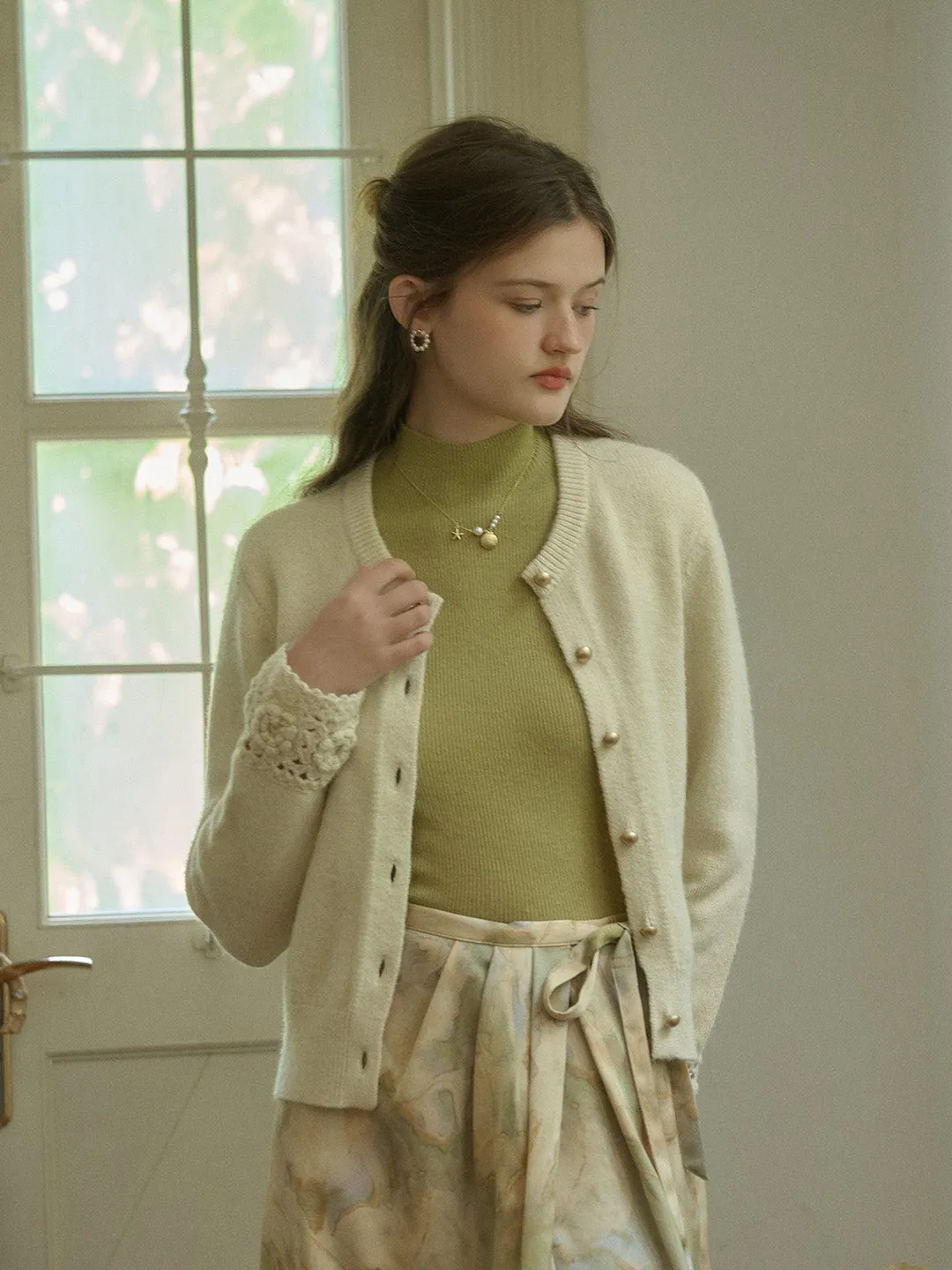 Emberly Classic Crew Neck Cuffs With Hollow-Out Crochet Flower Design Knitted Cardigan sold by Simple Retro product image thumbnail 5