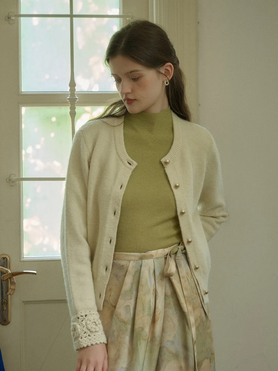 Emberly Classic Crew Neck Cuffs With Hollow-Out Crochet Flower Design Knitted Cardigan sold by Simple Retro product image thumbnail 3