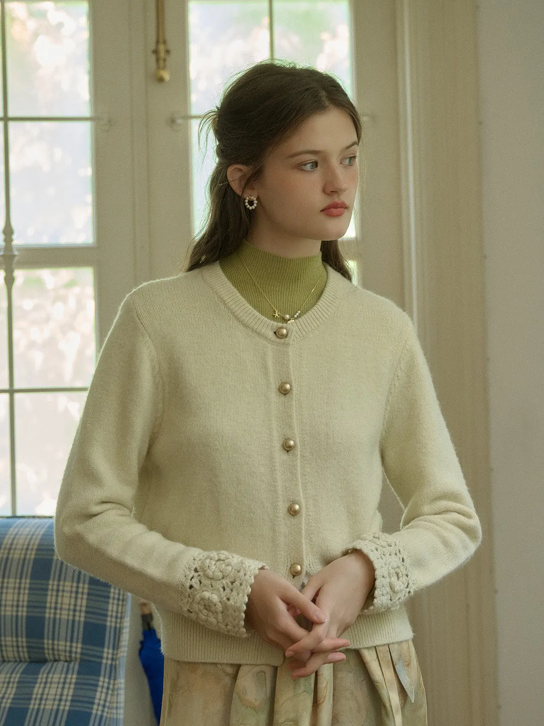 Emberly Classic Crew Neck Cuffs With Hollow-Out Crochet Flower Design Knitted Cardigan sold by Simple Retro