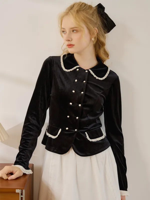 Rose Contrast Trim Button Front Velvet Blouse sold by Simple Retro