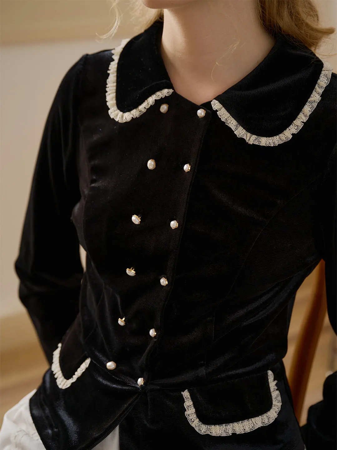 Rose Contrast Trim Button Front Velvet Blouse sold by Simple Retro product image thumbnail 2