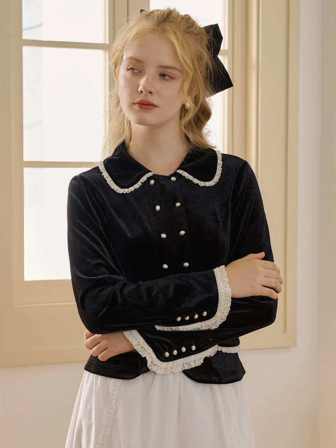 Rose Contrast Trim Button Front Velvet Blouse sold by Simple Retro product image thumbnail 3