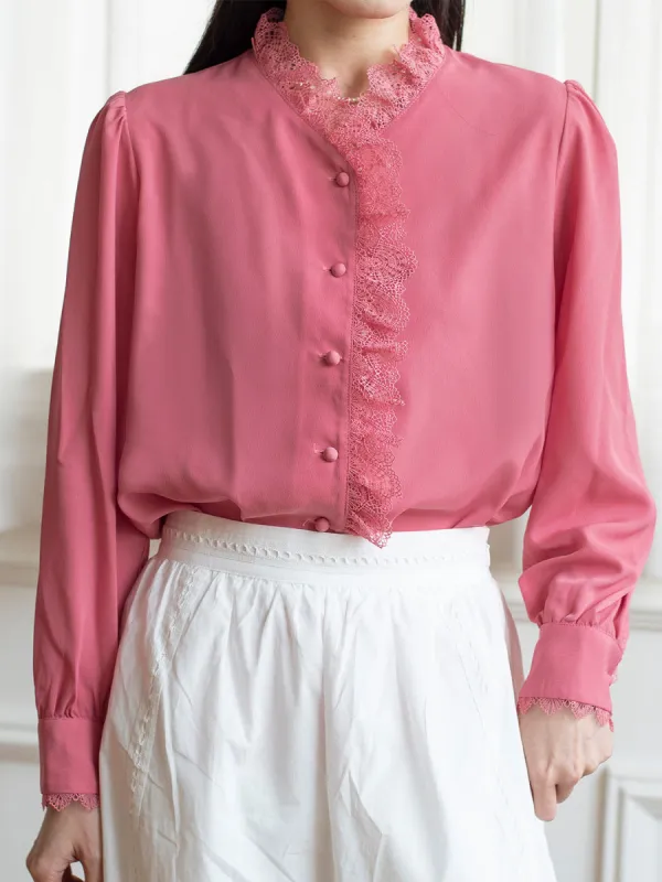 Hanna Puff Sleeve Pink Lace Blouse sold by Simple Retro