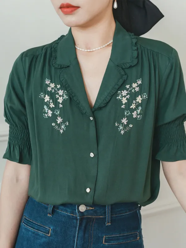Alicia Floral Embroidery V-Neck Green Blouse sold by Simple Retro