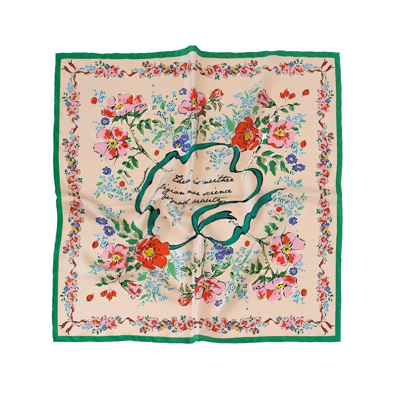 Chowxiaodou Rose Print Twill Silk Small Square Scarf-Pink sold by Simple Retro