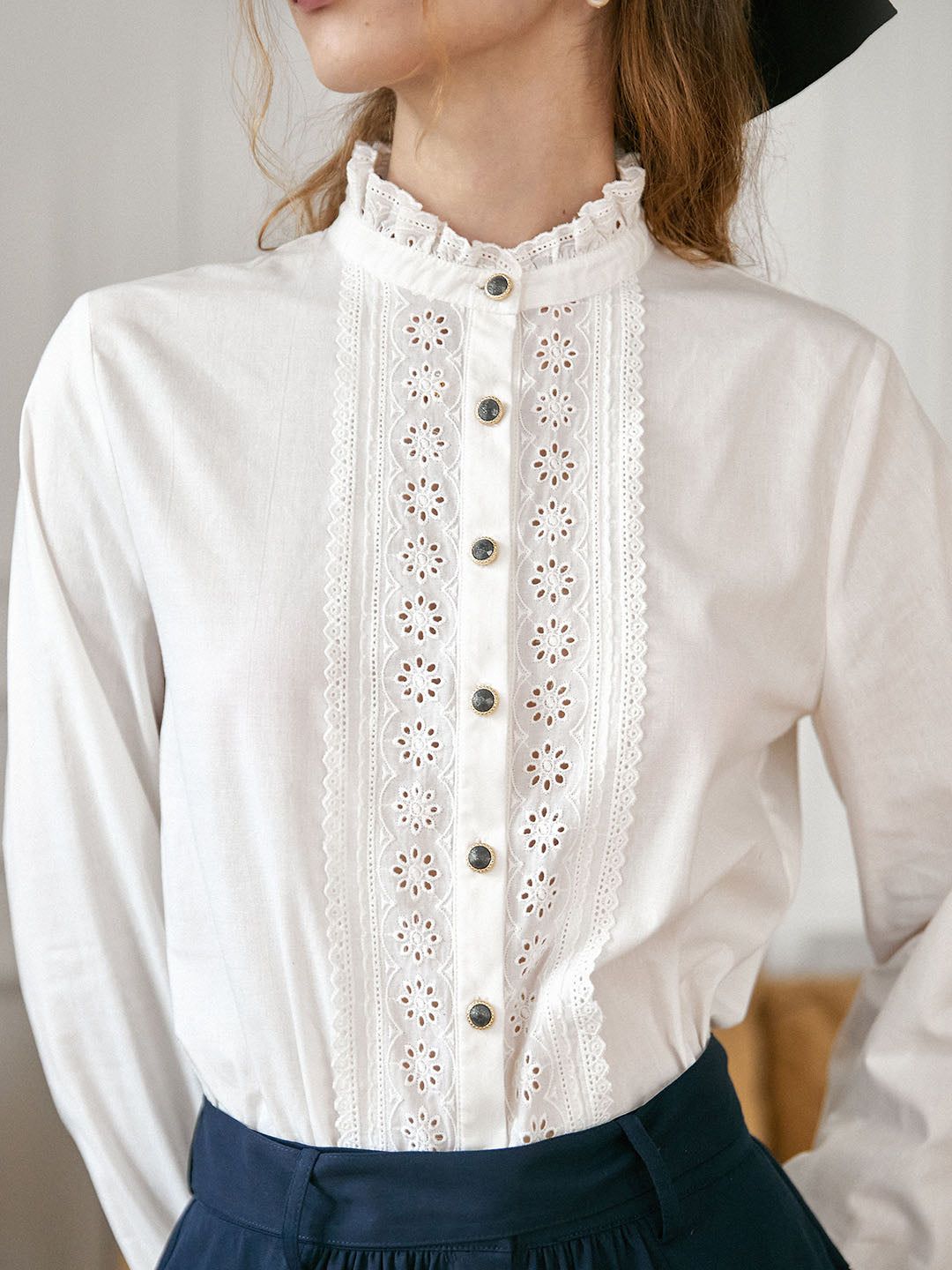 Victoria 100% Cotton Ruffle Mandarin Blouse sold by Simple Retro product image thumbnail 2