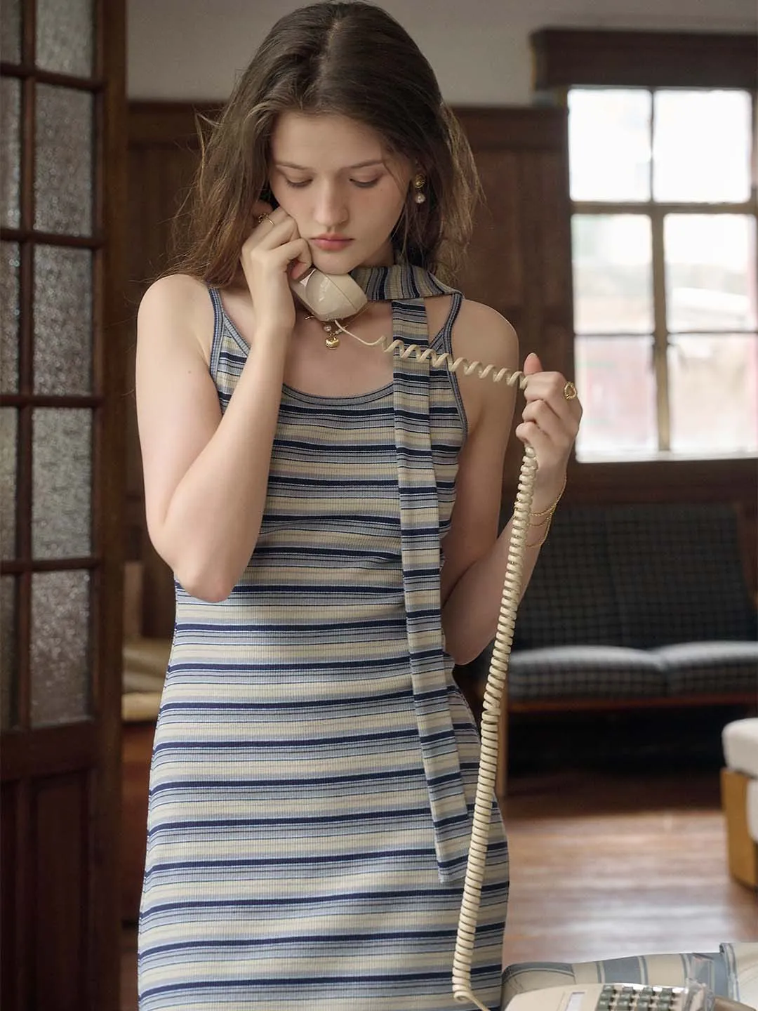 【Final Sale】Klaren Strip Knit Round Neck Slip Maxi Dress With Ribbon sold by Simple Retro product image thumbnail 5