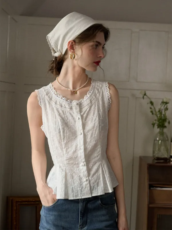 Esme Lace Paneled Crewneck Embroidered Tank Top sold by Simple Retro