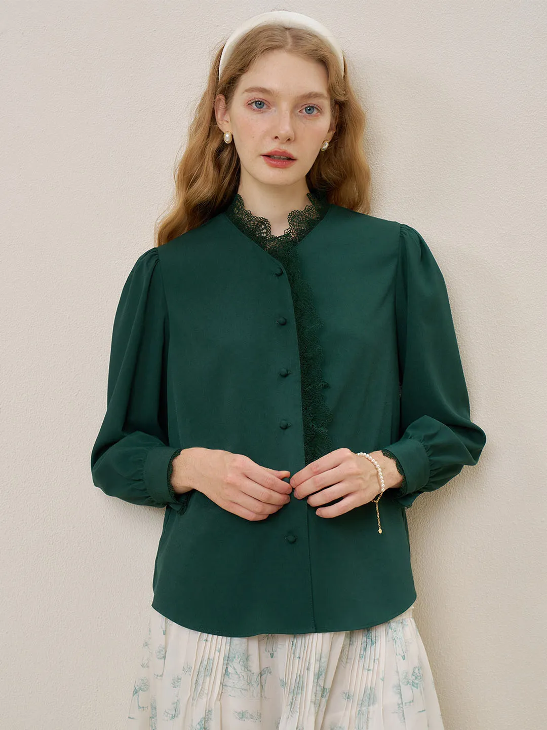 【Final Sale】Hanna Puff Sleeve Green Lace Blouse sold by Simple Retro product image thumbnail 4