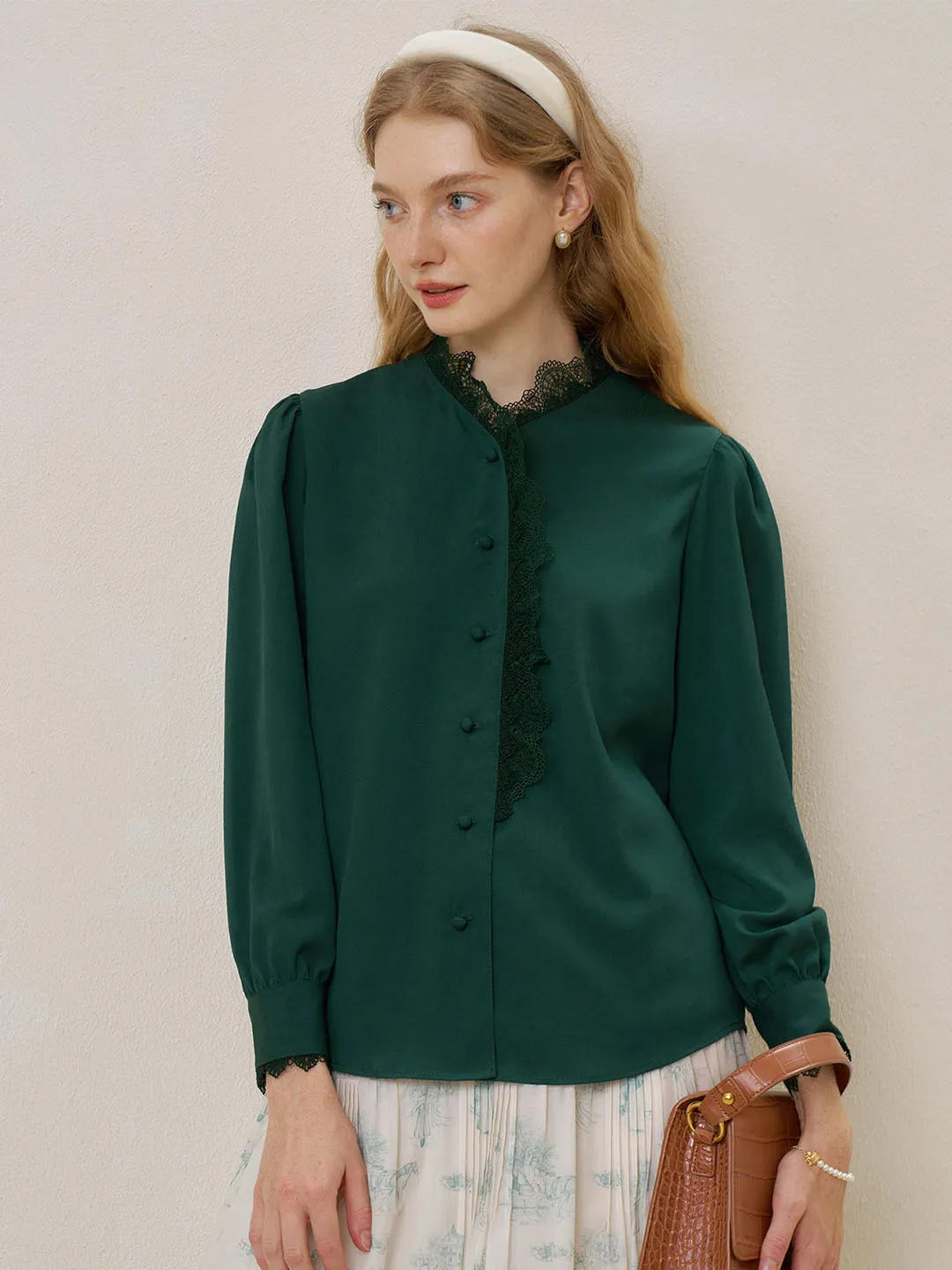 【Final Sale】Hanna Puff Sleeve Green Lace Blouse sold by Simple Retro product image thumbnail 2