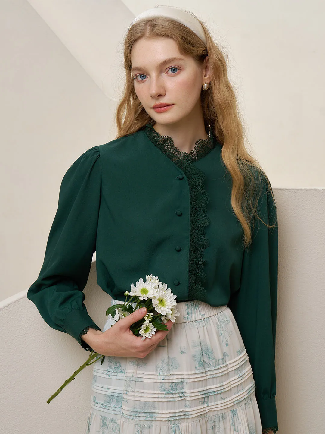 【Final Sale】Hanna Puff Sleeve Green Lace Blouse sold by Simple Retro product image thumbnail 3
