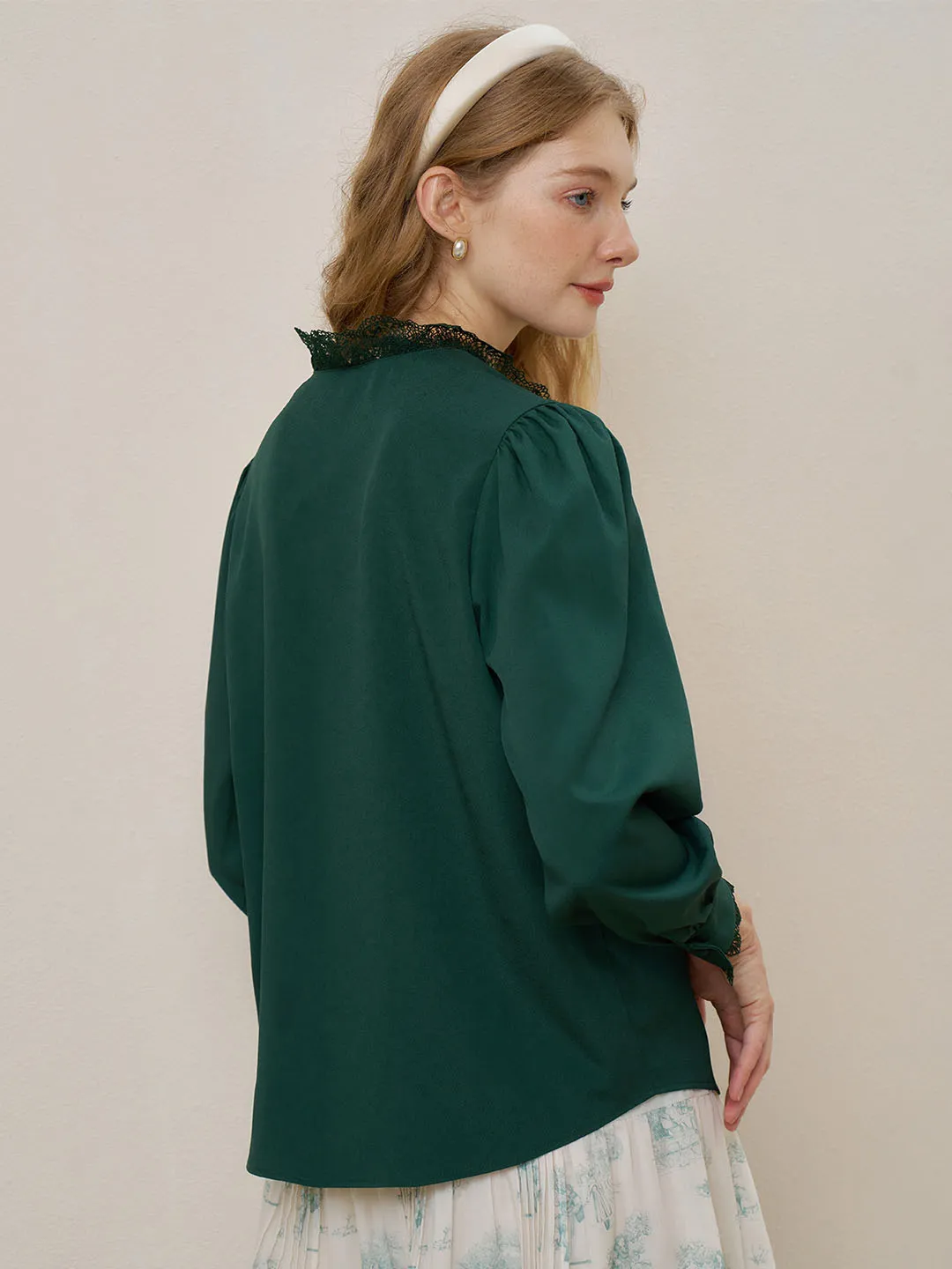 【Final Sale】Hanna Puff Sleeve Green Lace Blouse sold by Simple Retro product image thumbnail 5