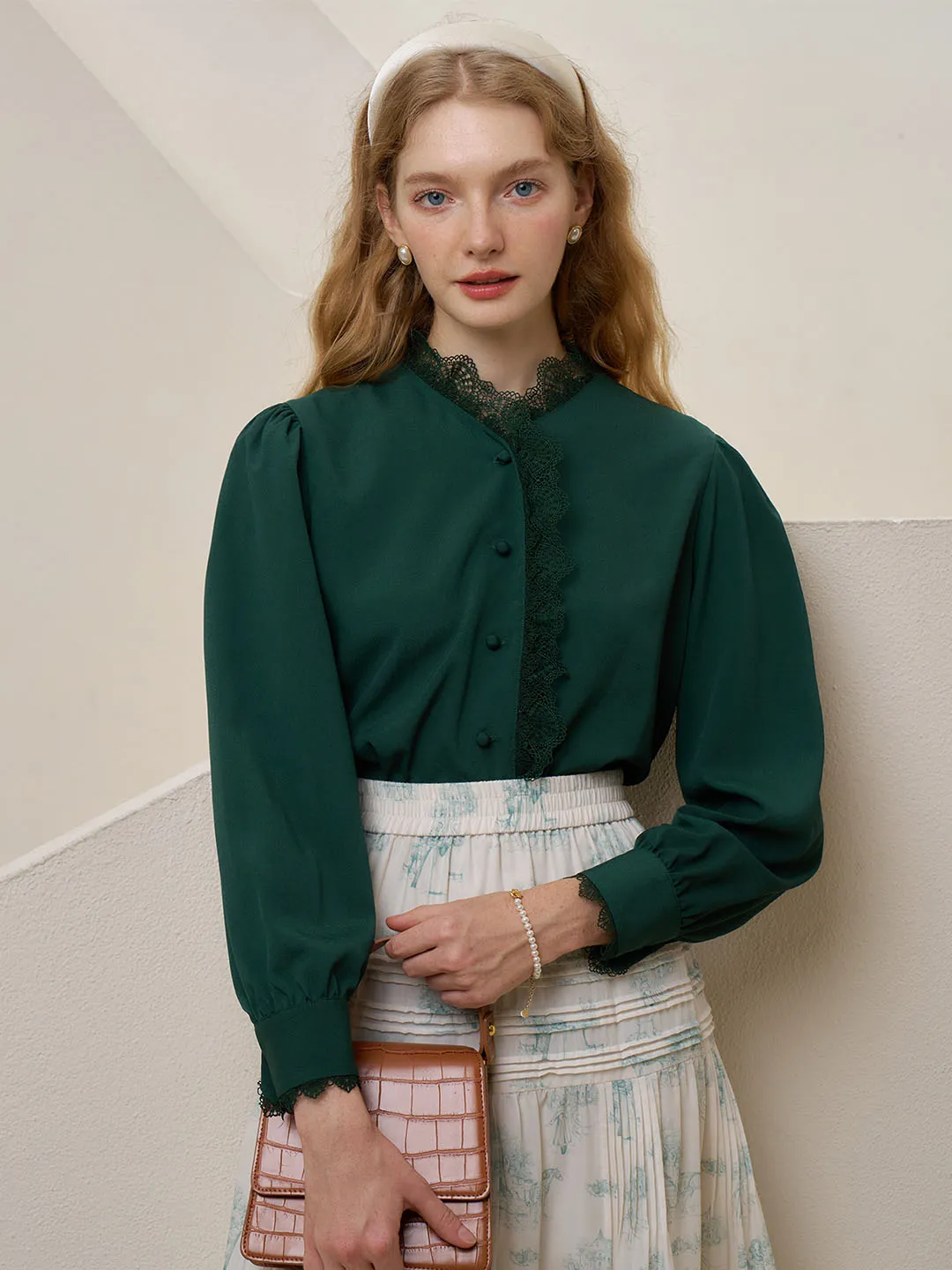 【Final Sale】Hanna Puff Sleeve Green Lace Blouse sold by Simple Retro