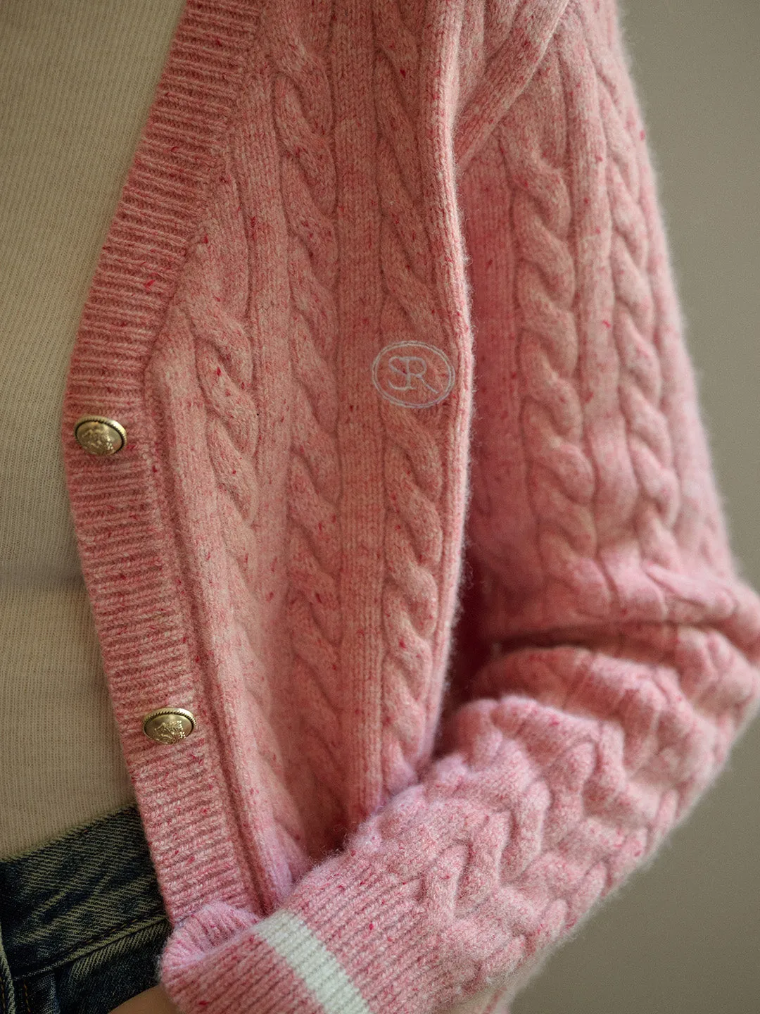 Rosa SR Logo Embroidery V-neck Contrast Striped 100% Wool Cardigan sold by Simple Retro product image thumbnail 2