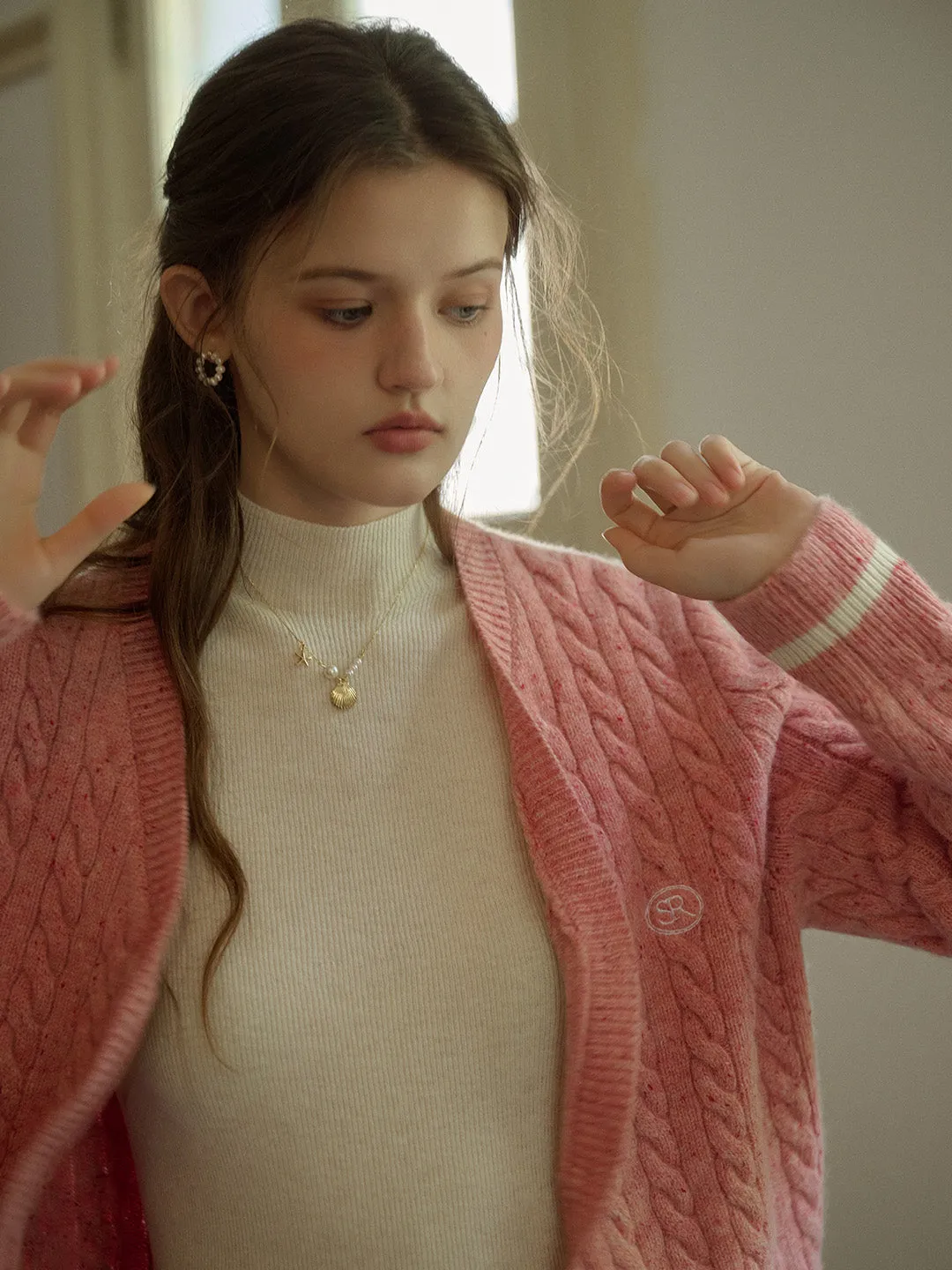 Rosa SR Logo Embroidery V-neck Contrast Striped 100% Wool Cardigan sold by Simple Retro product image thumbnail 5