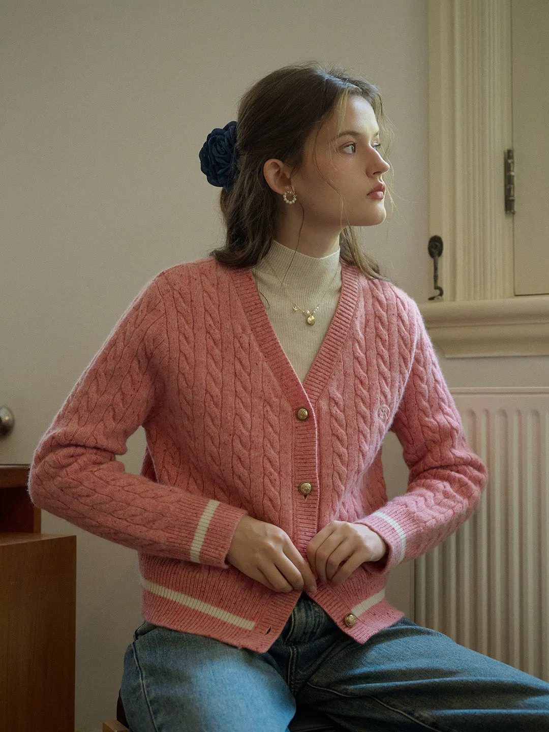 Rosa SR Logo Embroidery V-neck Contrast Striped 100% Wool Cardigan sold by Simple Retro