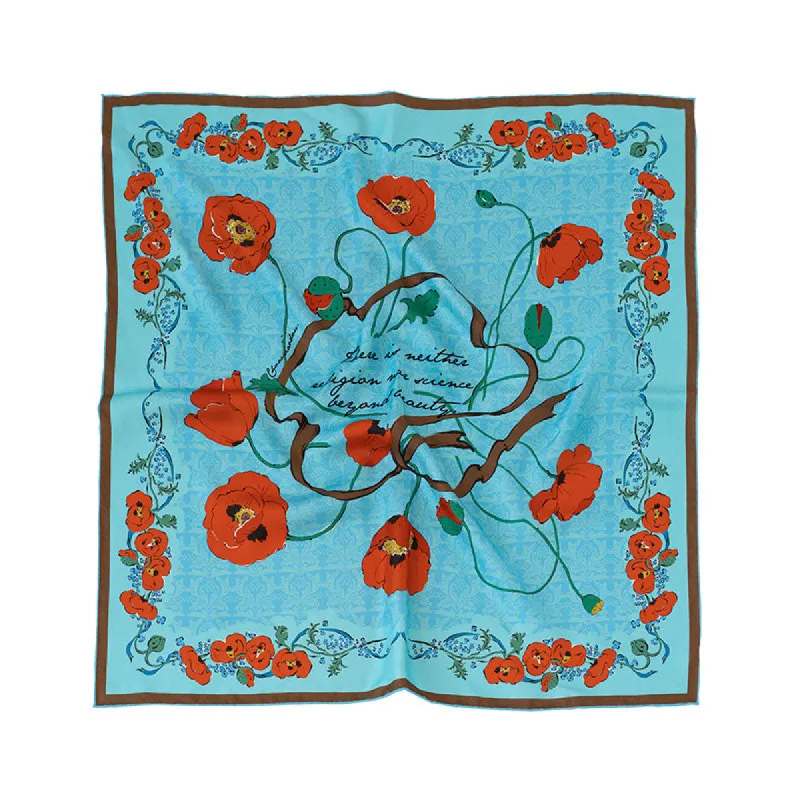 Chowxiaodou Rose Print Twill Silk Small Square Scarf-Sky Blue sold by Simple Retro