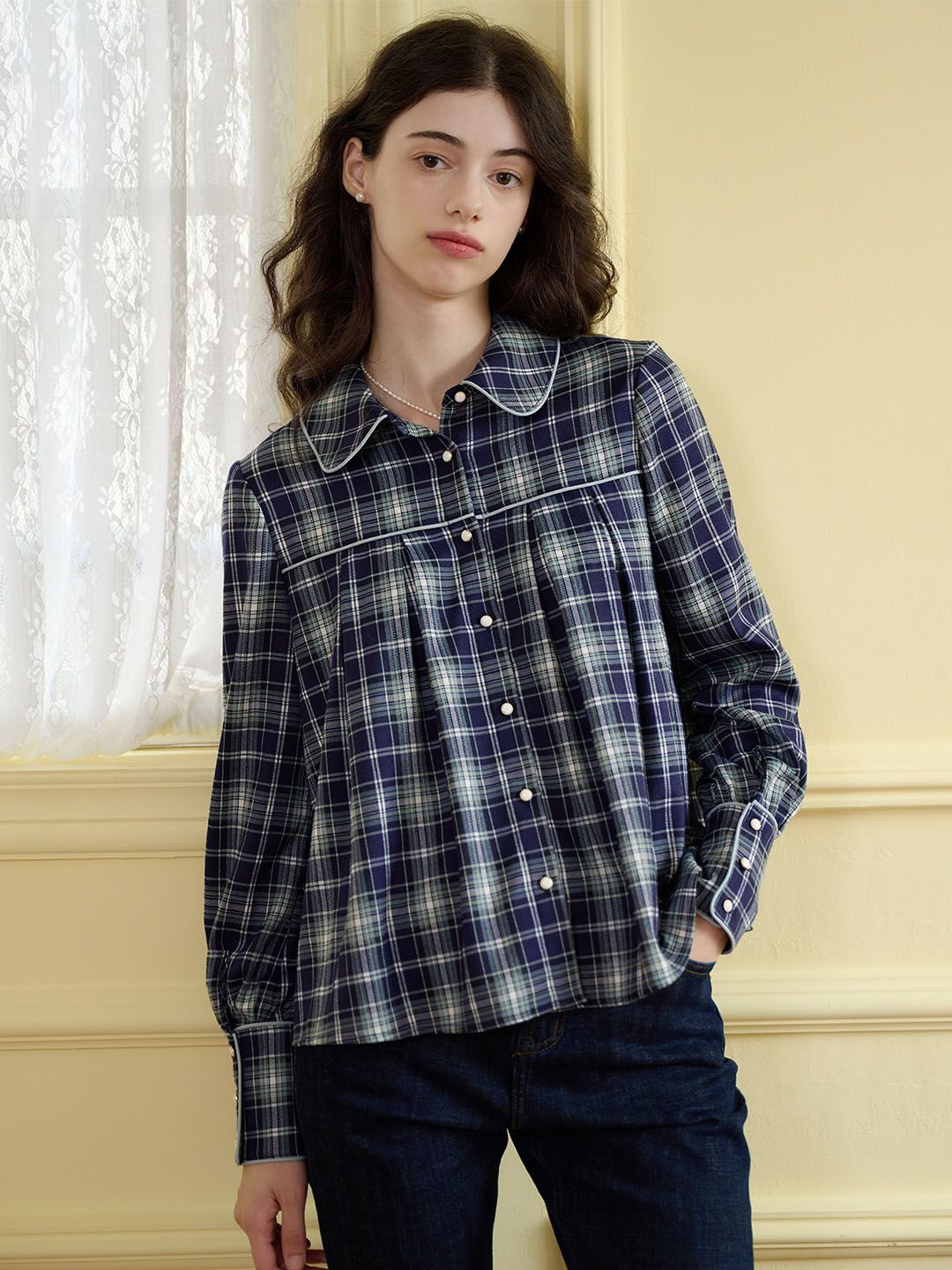 Aubrey Plaid Print Peter Pan Collar Button Front Blouse sold by Simple Retro product image thumbnail 3
