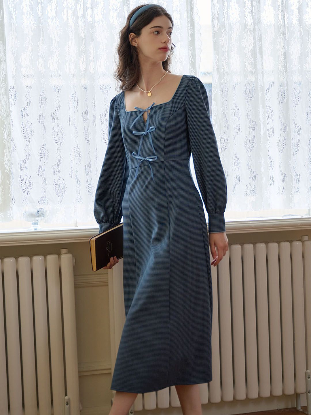 Lyla Gingham Print Bow Front Square Neck Lantern Sleeve Dress sold by Simple Retro product image thumbnail 5