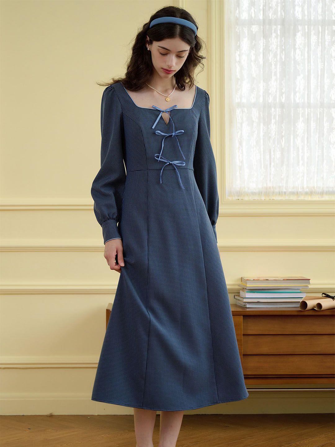 Lyla Gingham Print Bow Front Square Neck Lantern Sleeve Dress sold by Simple Retro product image thumbnail 2