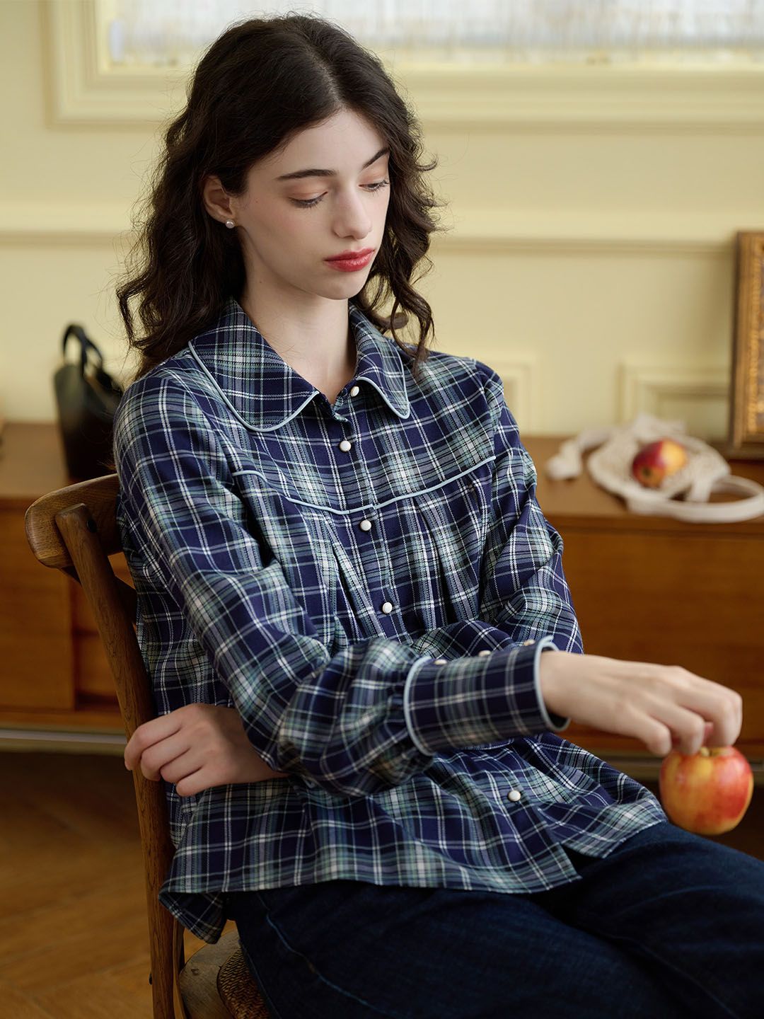 Aubrey Plaid Print Peter Pan Collar Button Front Blouse sold by Simple Retro