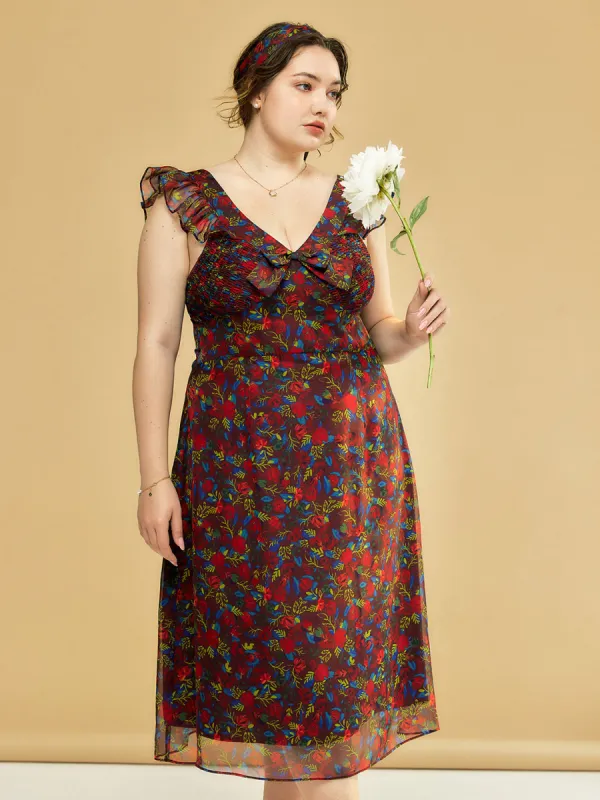 【Final Sale】Plus Size Kora Floral Printed Lace Sleeves Midi Dress sold by Simple Retro